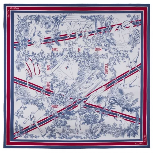 31044 carre en twill de soie imprime toile de jouy sport - bleu